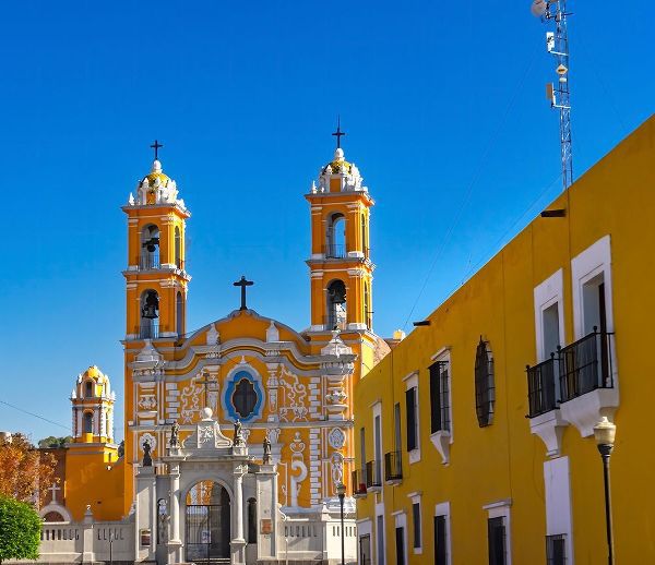 Two orange steeples Parish of la Santa Cruz-Puebla-Mexico